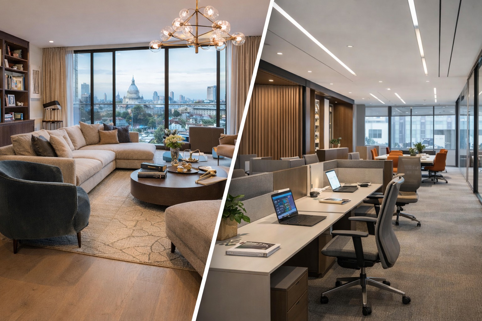 Side-by-side collage showing a modern London living room interior and a contemporary commercial office space designed by an interior design studio.