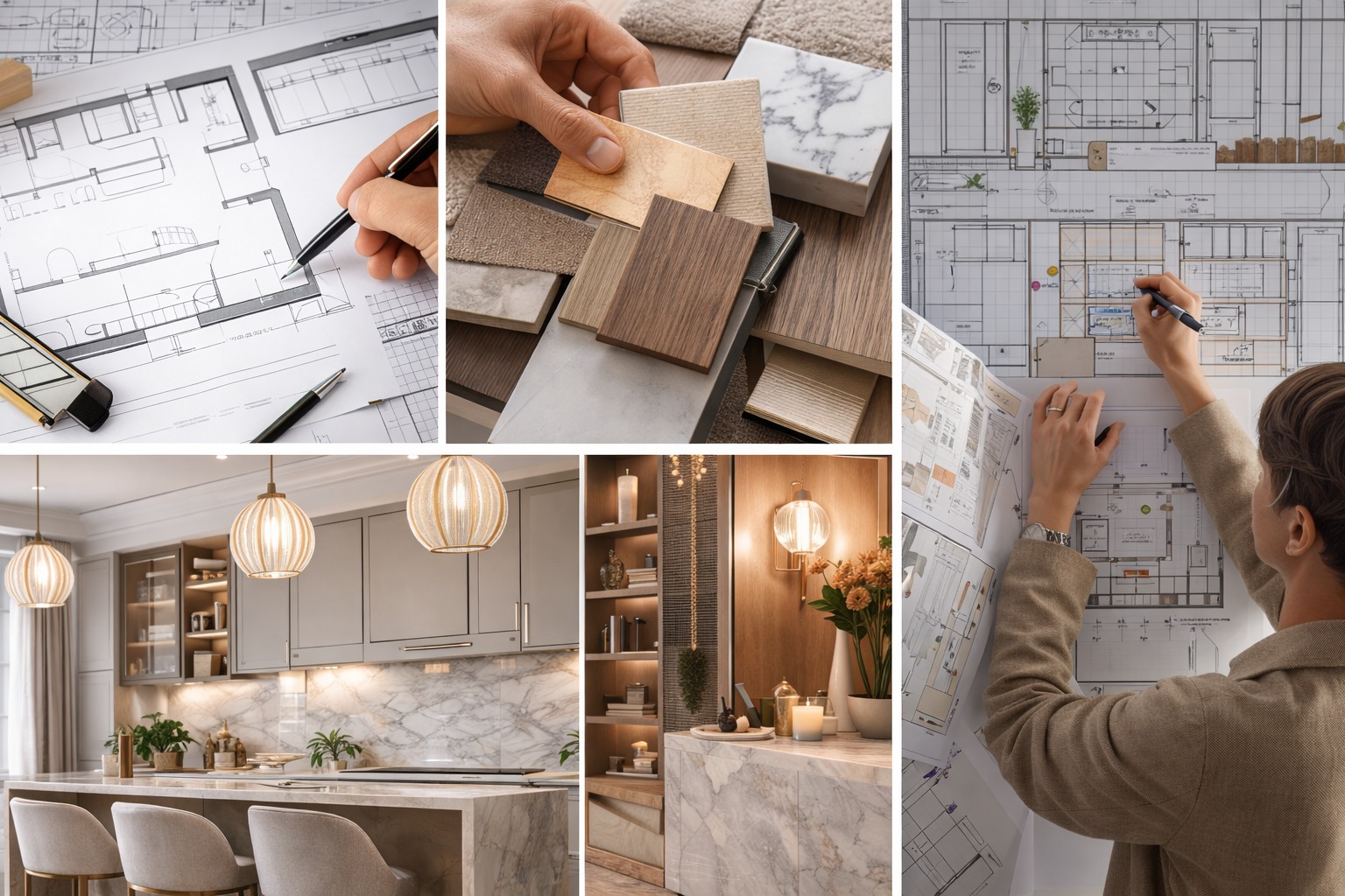 Interior designer reviewing technical drawings with material samples, lighting plans, and a finished luxury kitchen interior
