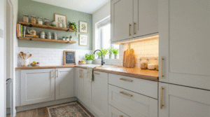 Budget tiny kitchen with light grey cabinets, floating wooden shelves, under-cabinet lighting, peel-and-stick backsplash, and affordable decor in a small home