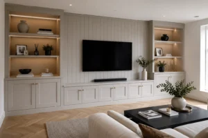 Bespoke living room joinery featuring built-in cabinets, illuminated shelving, and a wall-mounted TV in a modern interior