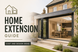 Modern house extension with large glass doors opening into a stylish open-plan kitchen and dining area.