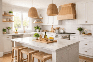Modern white kitchen with marble island, wooden bar stools, pendant lighting, and natural sunlight creating a warm contemporary interior
