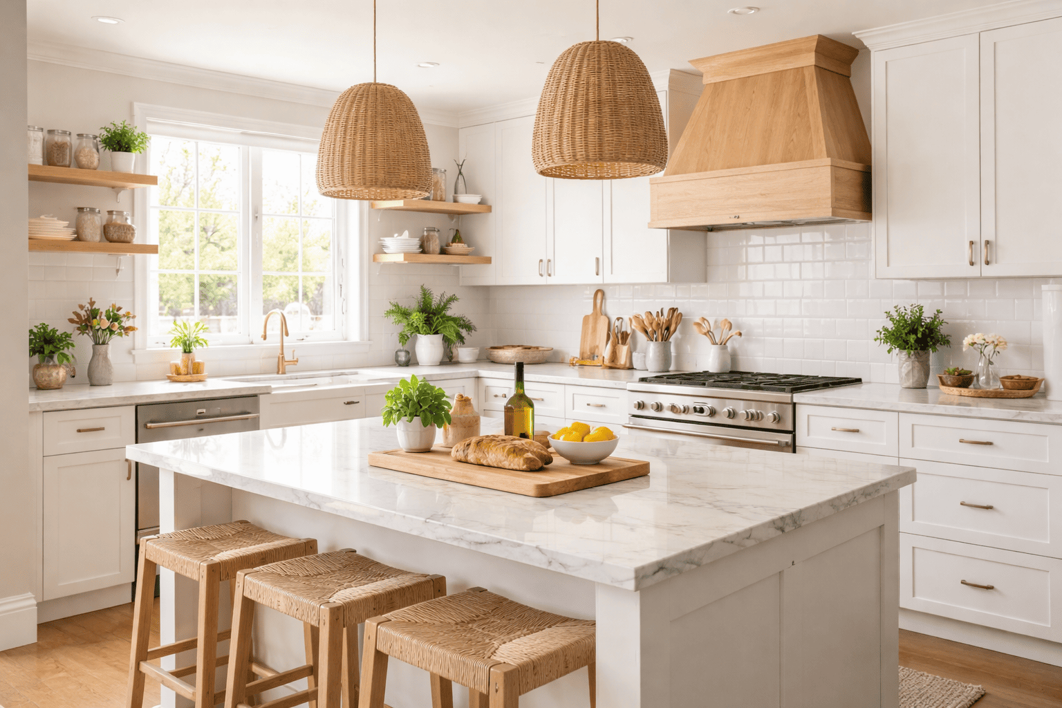 Modern white kitchen with marble island, wooden bar stools, pendant lighting, and natural sunlight creating a warm contemporary interior