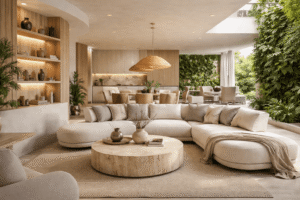 Modern open-concept living room with beige sectional sofa, wooden interiors, soft lighting, and indoor plants creating a warm minimalist design.