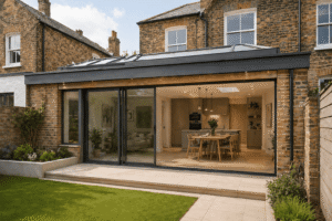 Sleek and modern office interior design in Holborn by Oraanj Interior Design, featuring a minimalist desk, warm lighting, and elegant seating. A contemporary rear extension with large glass doors connecting indoor and outdoor living spaces.