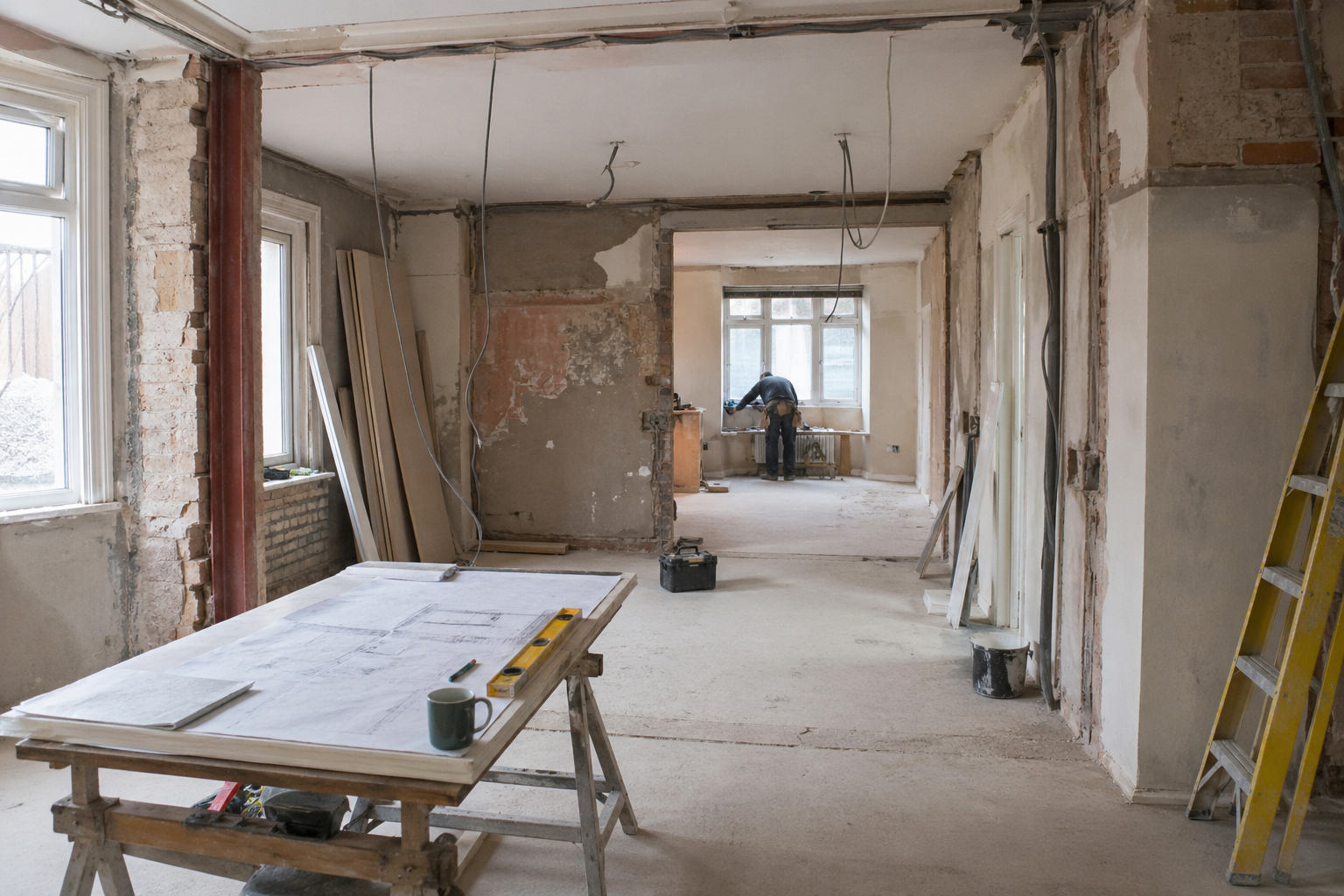 Interior of a London property renovation showing exposed brick walls, electrical wiring, construction materials, and renovation works in progress.