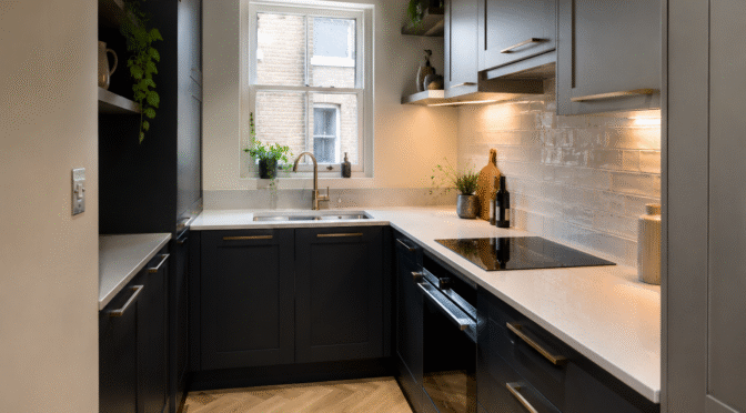 Compact modern kitchen renovation with dark shaker cabinets, quartz worktops, brass handles, open shelving, and natural light from a central window.