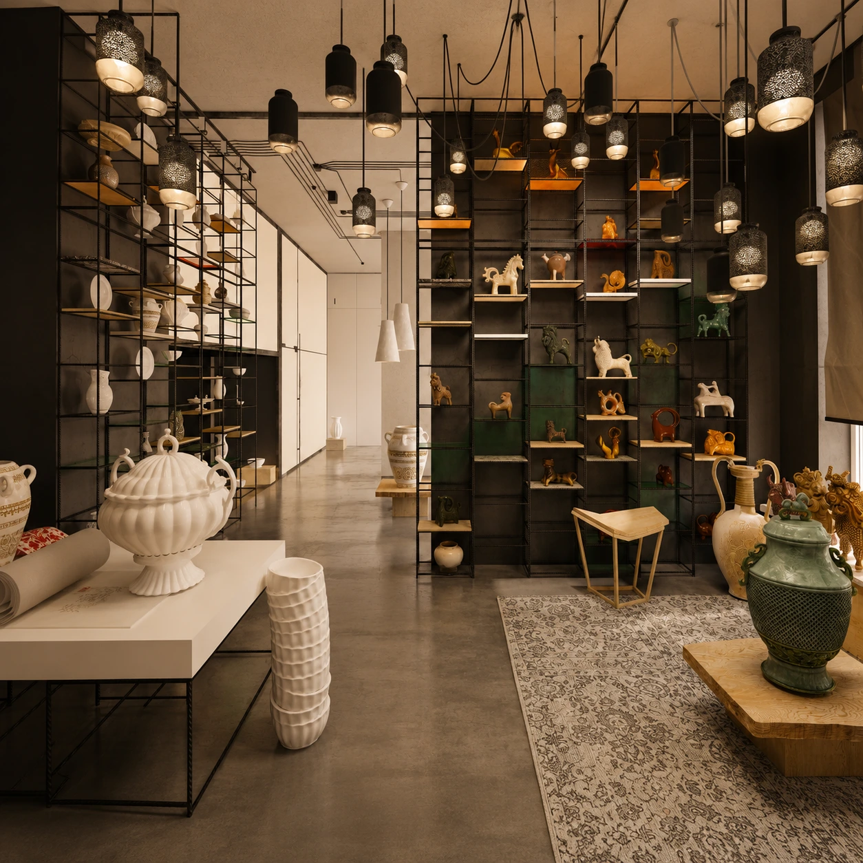 Modern retail interior design with open shelving displays, decorative lighting, and product-focused layout in a contemporary showroom.