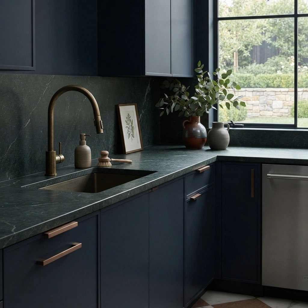 Kitchen and bathroom paint coordination with cabinetry and stone