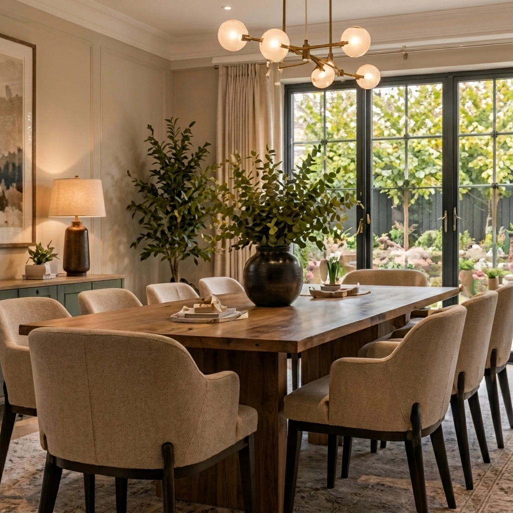 Formal dining room with restored fireplace and bespoke shelving alcove in Muswell Hill