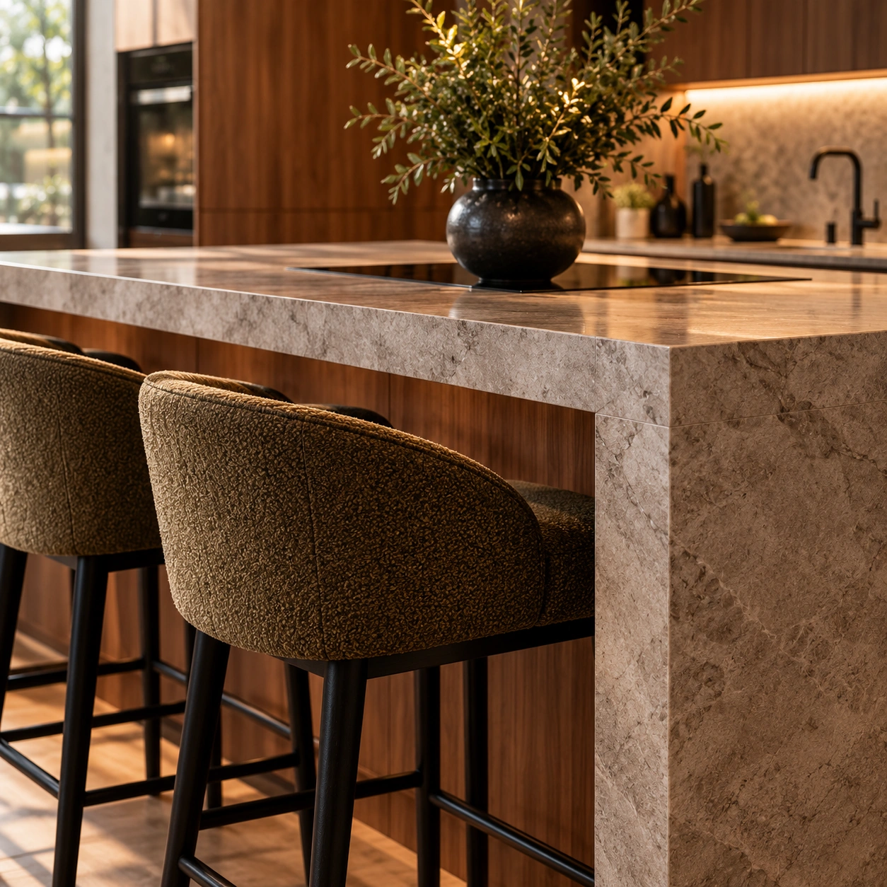 Calacatta marble kitchen island with bespoke cognac leather bar stools in a Barbican flat