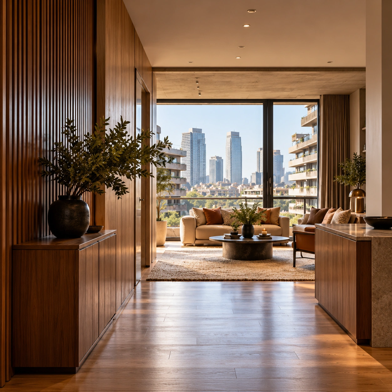 Modern Barbican apartment interior design showcasing textured walls and curated living room furniture