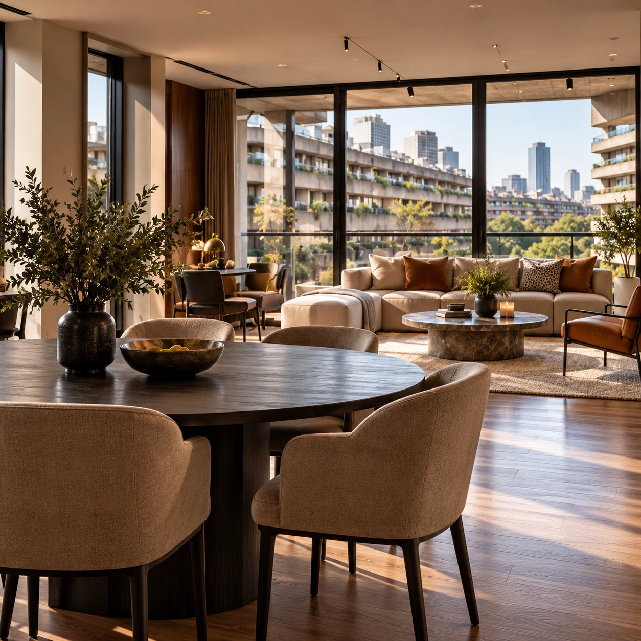 Open plan living and dining room layout in Barbican residence featuring marble island and warm timber joinery