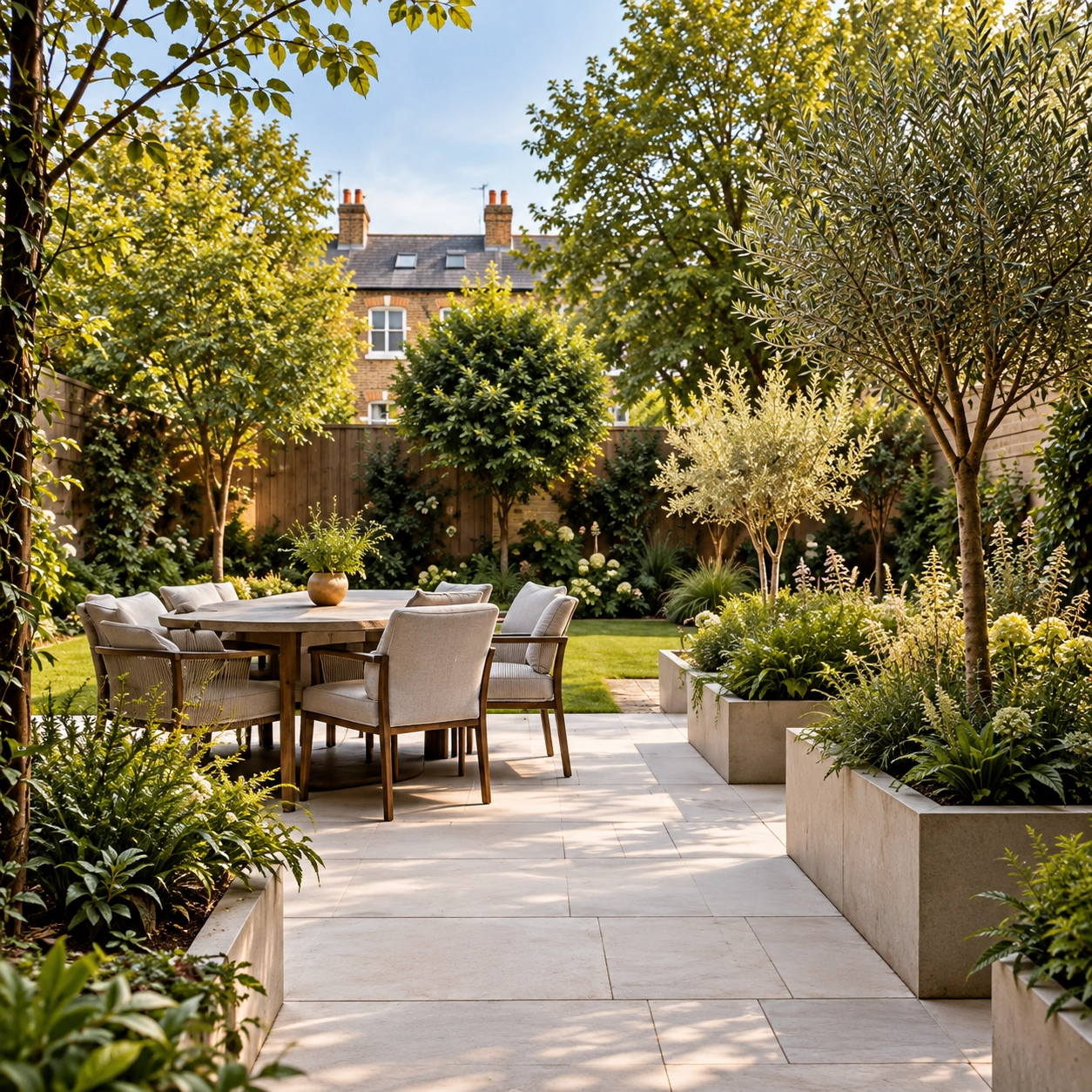 Landscaped garden stone patio and outdoor dining area in Barnet