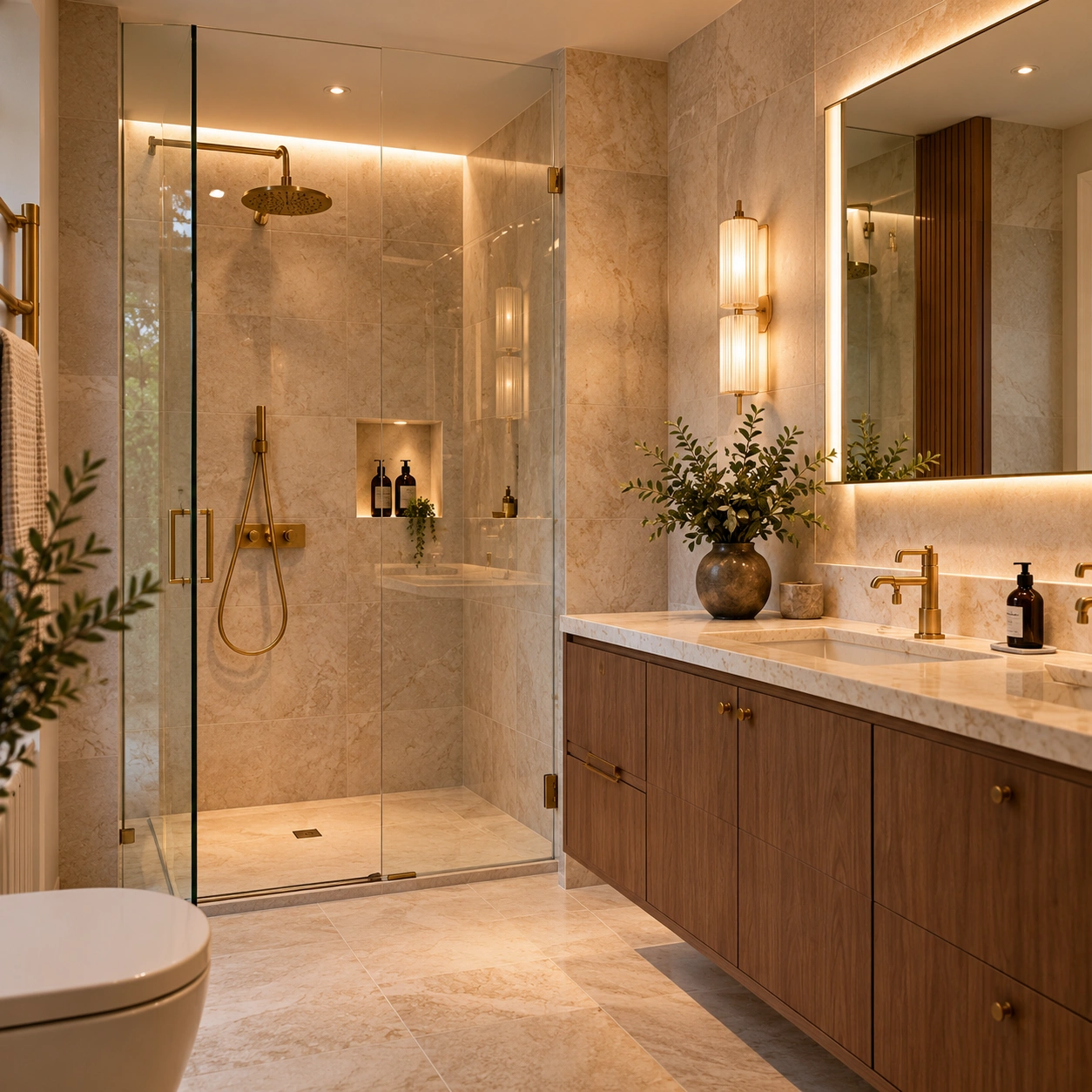 Modern classic bathroom with walnut vanity and brass fixtures in Barnet