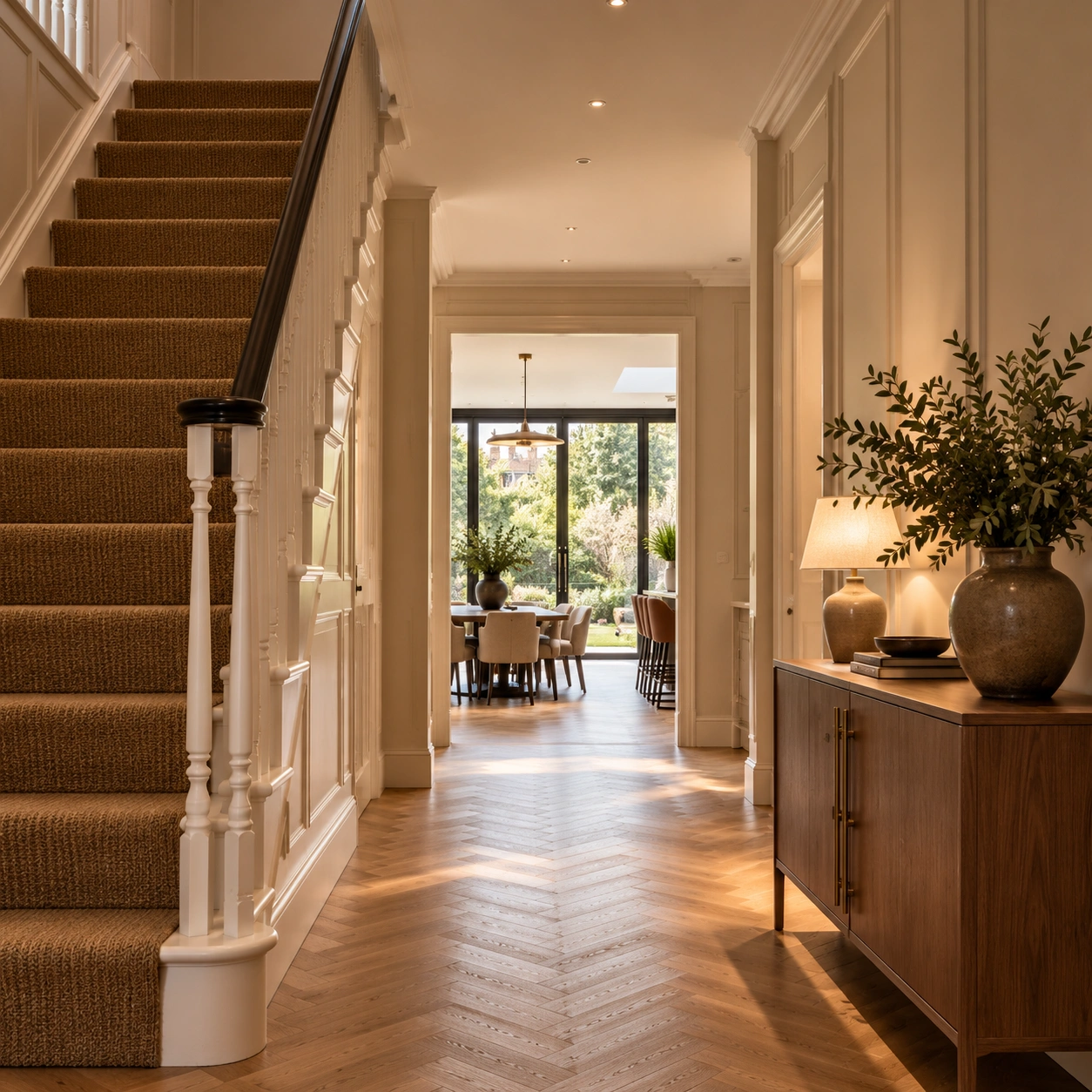 Entrance hallway with restored timber staircase balustrade in Barnet
