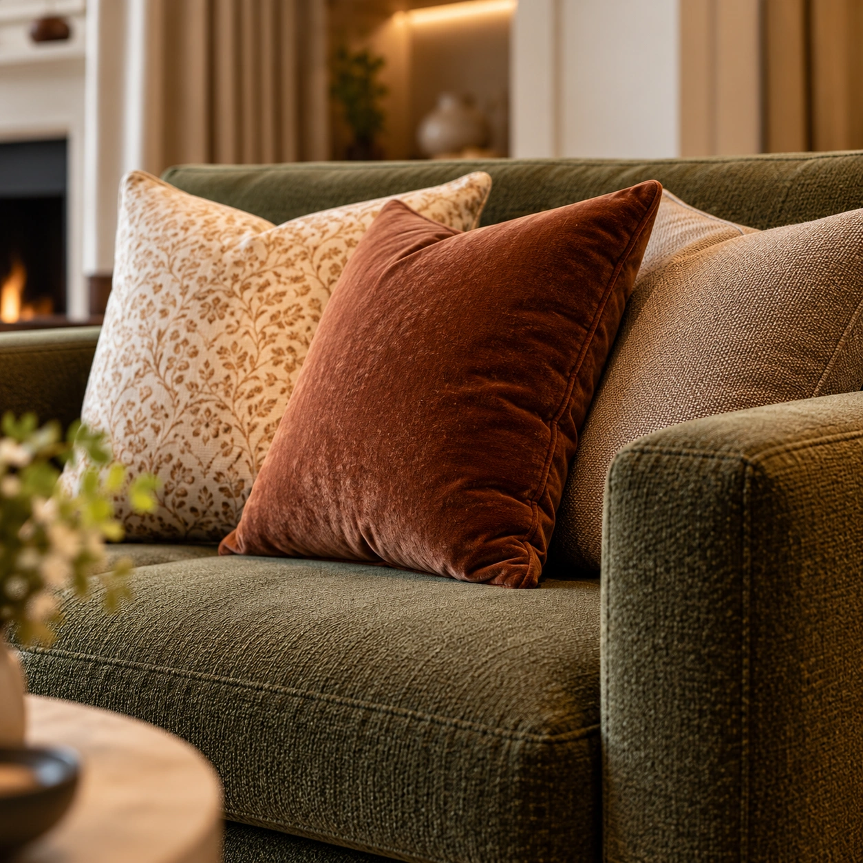 Olive green upholstered sofa and rust cushion styling detail in Barnet residence