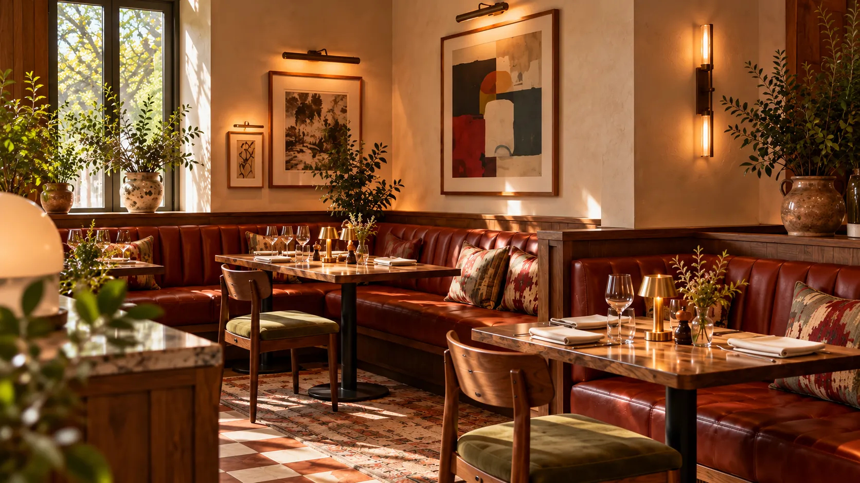 Bespoke cognac leather booth and dining lounge joinery integrated into renovation fit-out by Oraanj