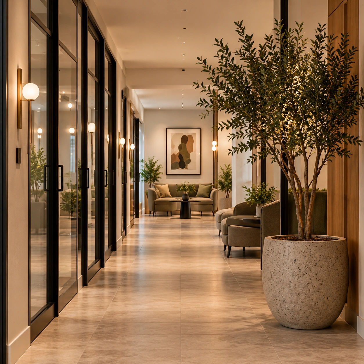 Acoustic glazed partitions and circulation corridor in Croydon commercial interior
