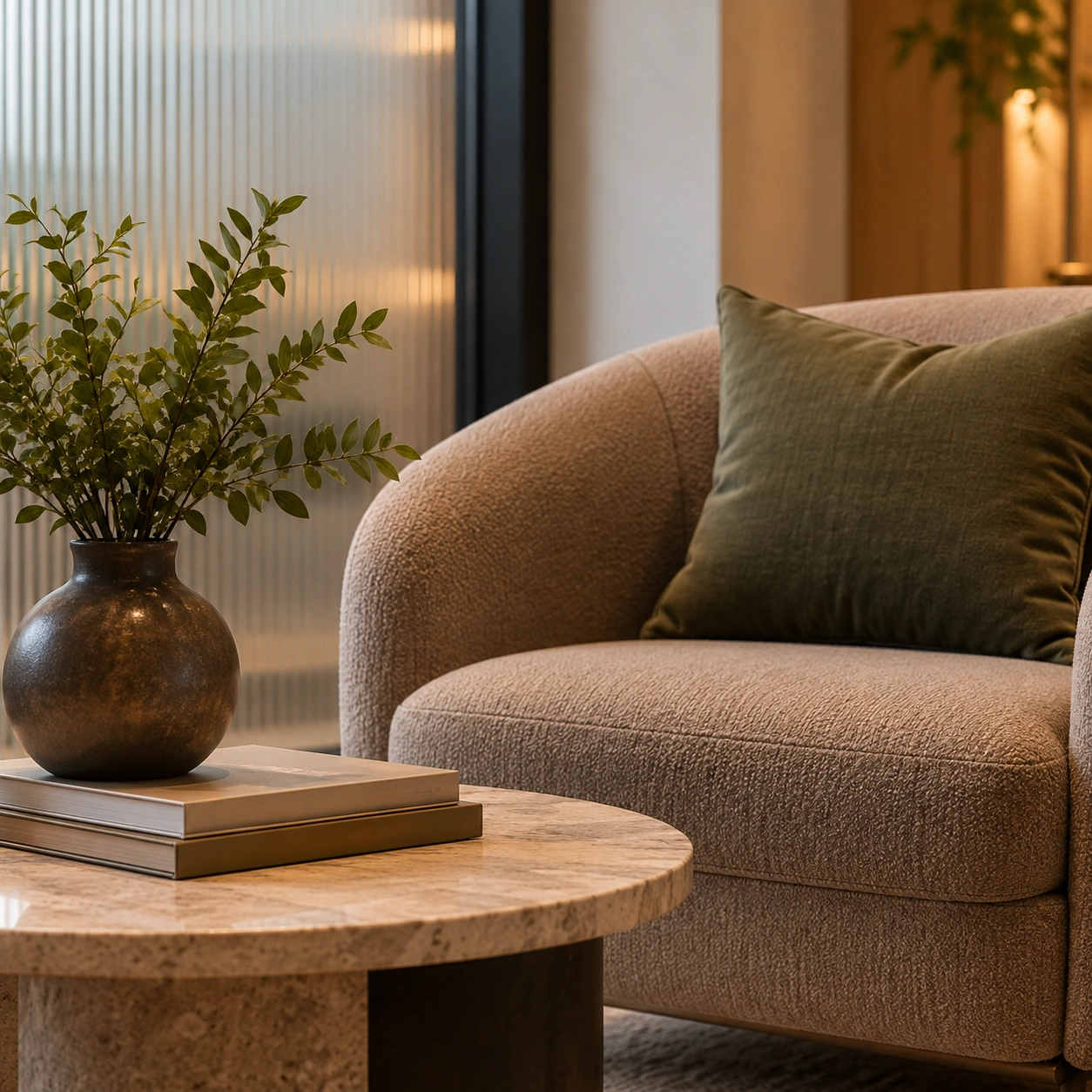 Commercial waiting lounge chair and honed stone side table, Croydon