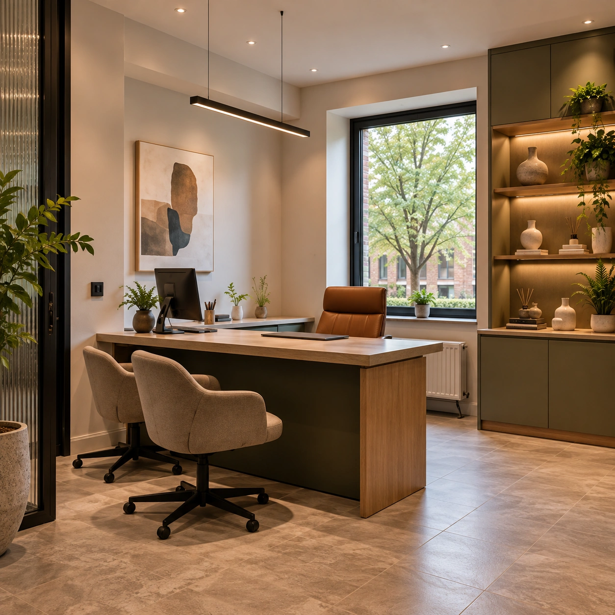 Contemporary private office desk and custom olive storage wall in Croydon