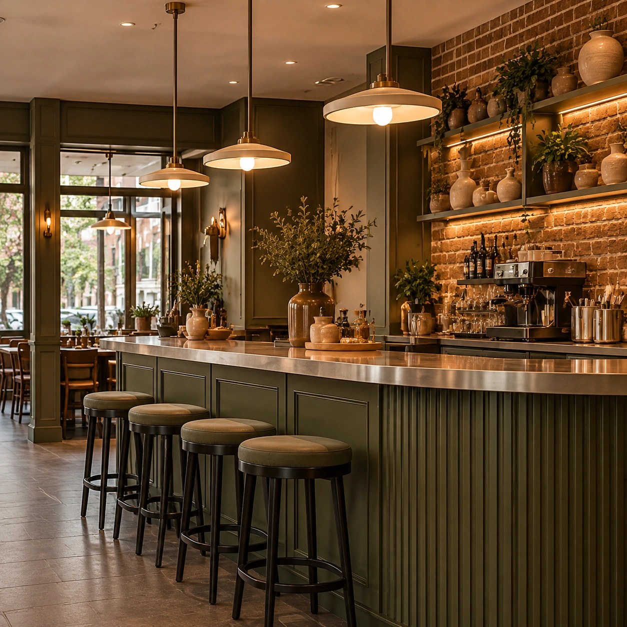 Olive green fluted bar counter and illuminated back bar in Dalston restaurant