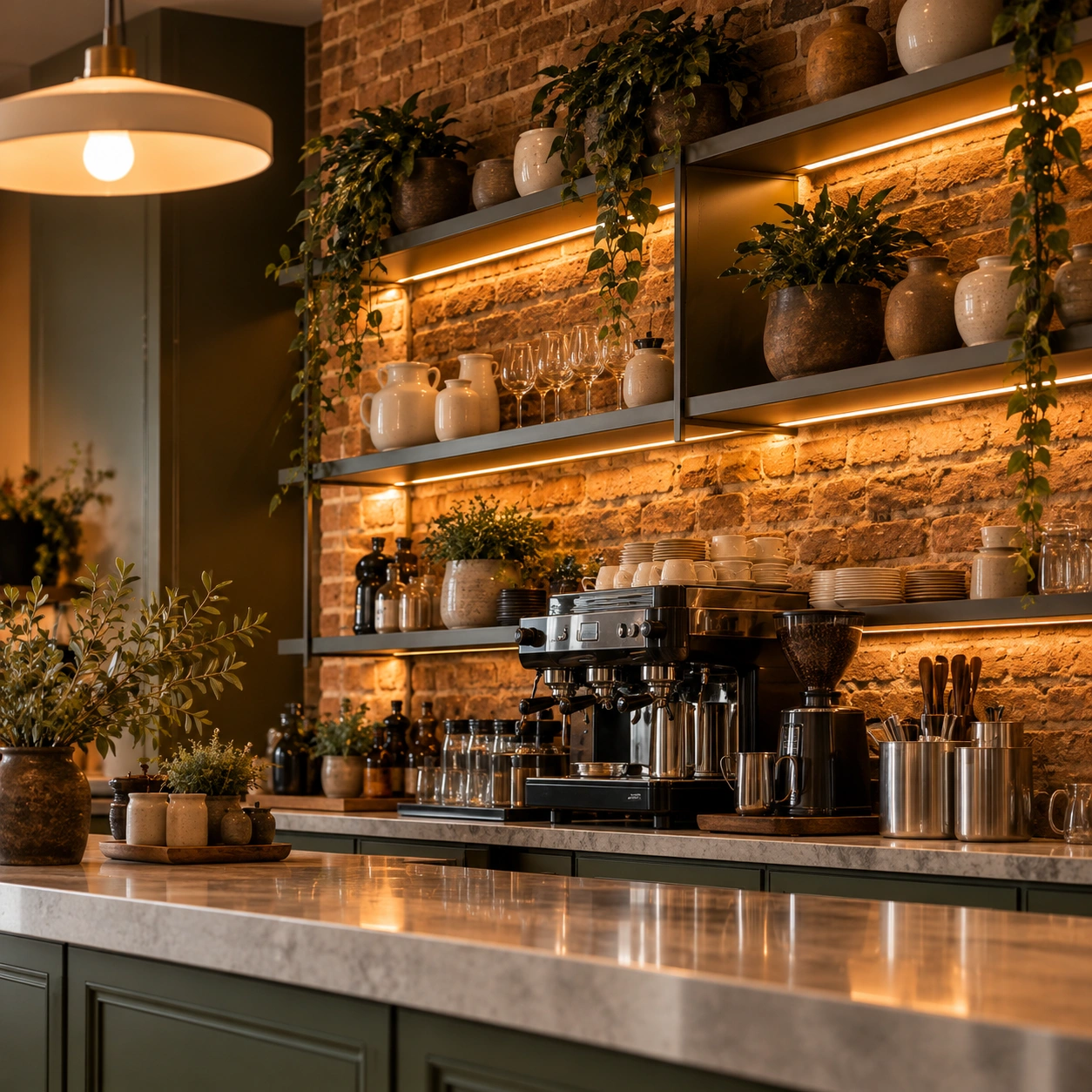 Exposed brick bottle shelving and coffee bar joinery in Dalston