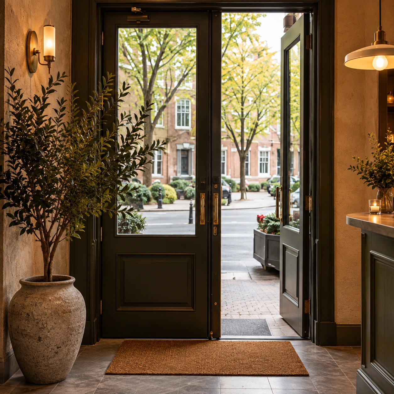 Dark framed glass entrance door and industrial façade in Dalston restaurant