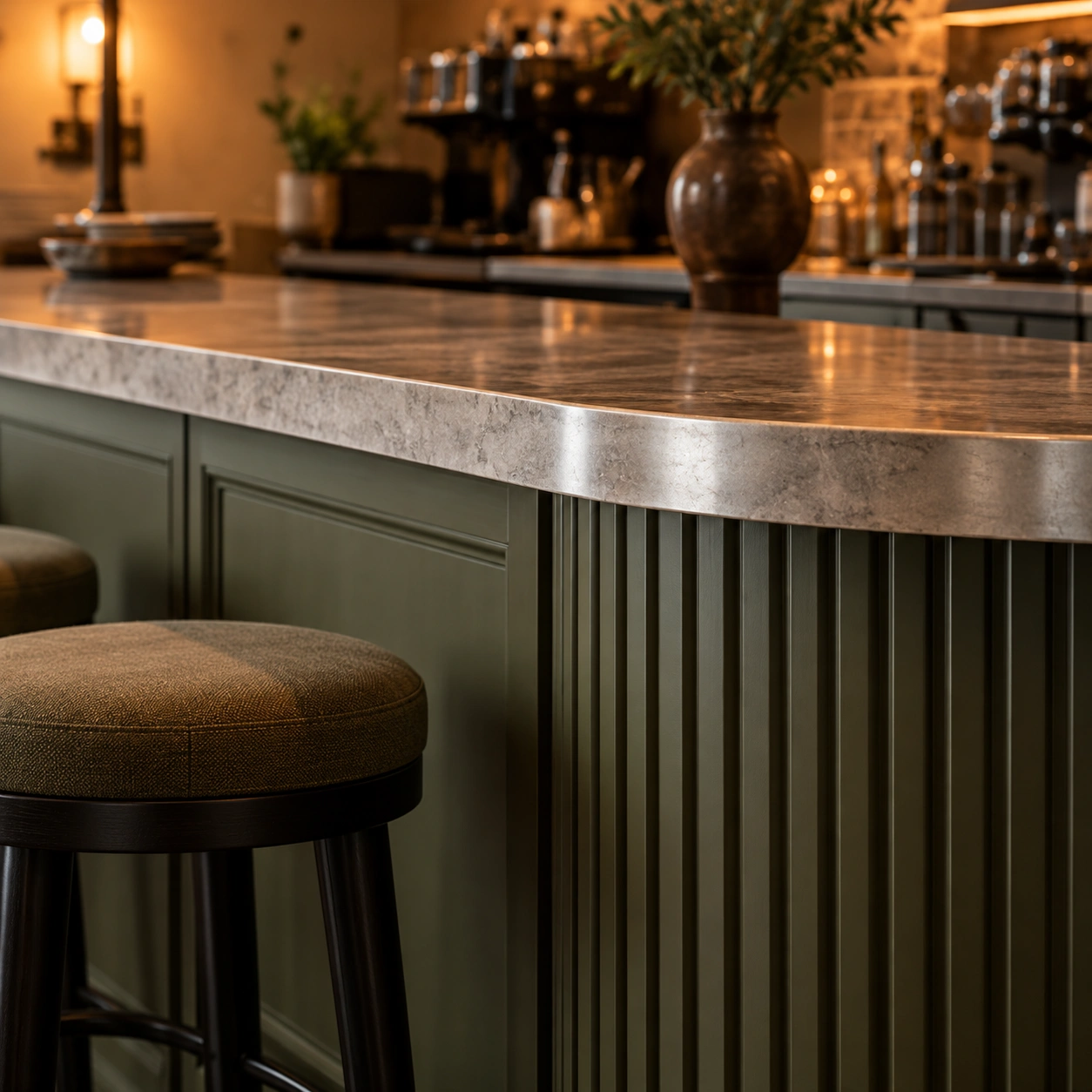 Fluted olive green bar counter with honed stone top detail in Dalston