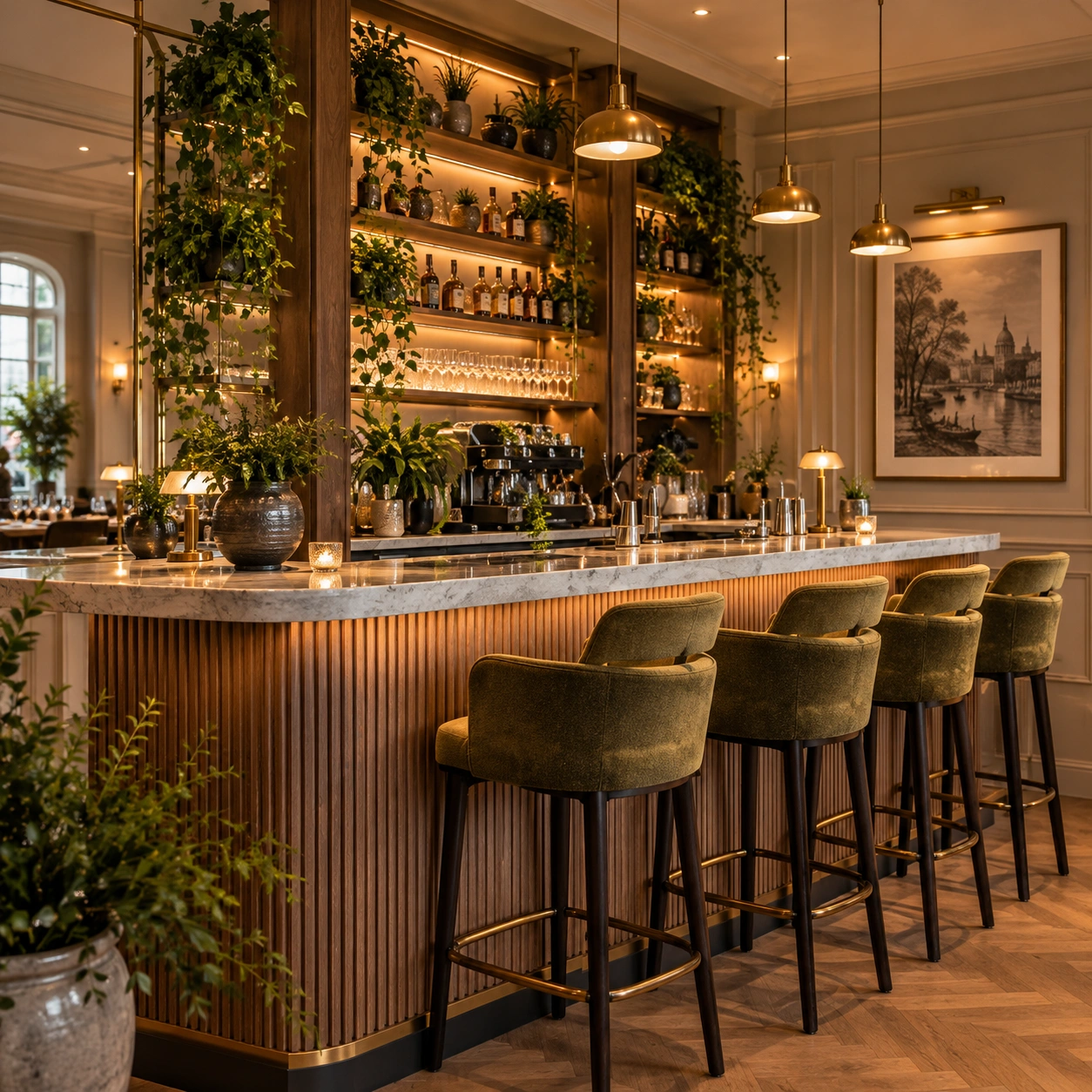 Cocktail bar counter with olive velvet upholstered bar stools in Greenwich