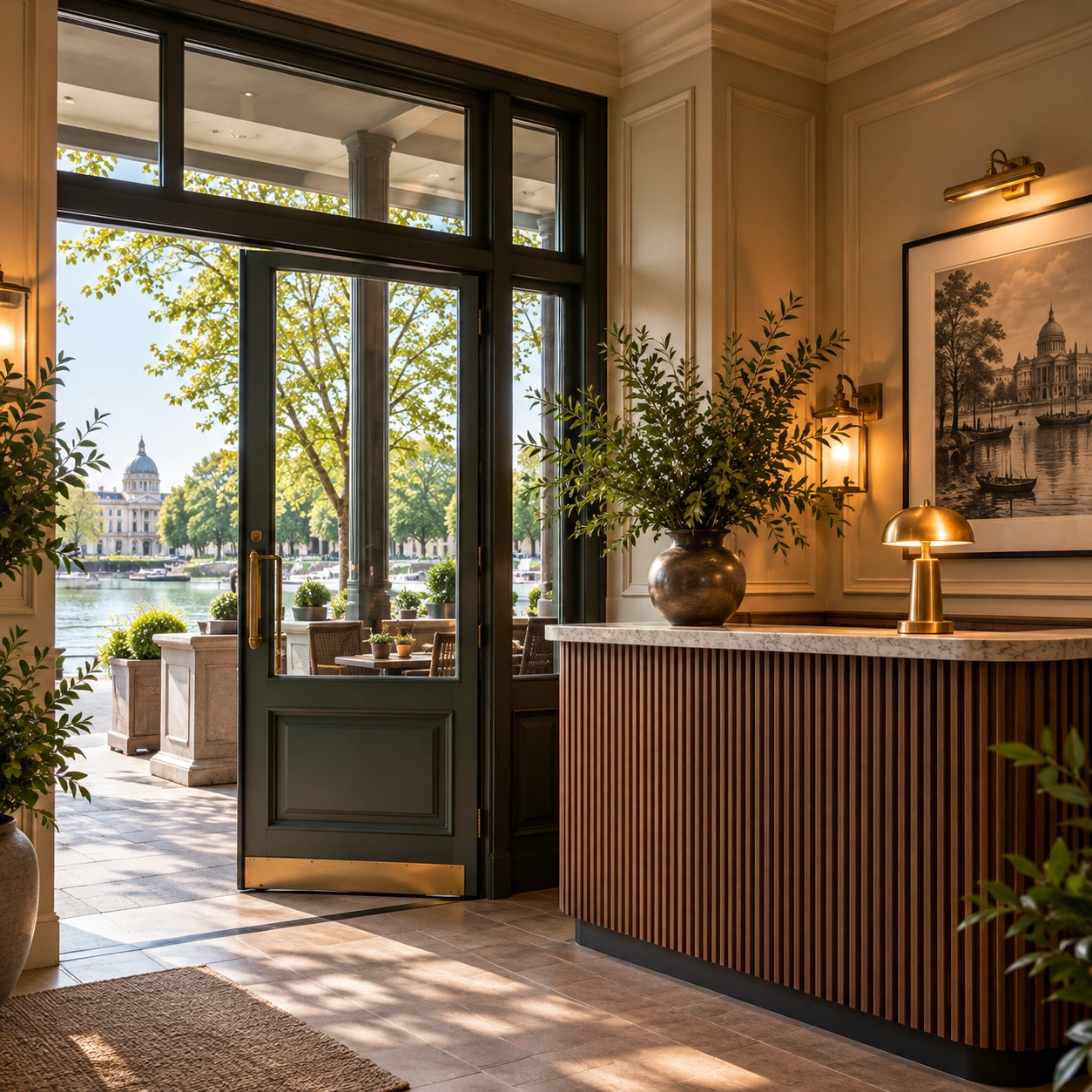 Reception desk and entrance foyer with acoustic drapery in Greenwich restaurant
