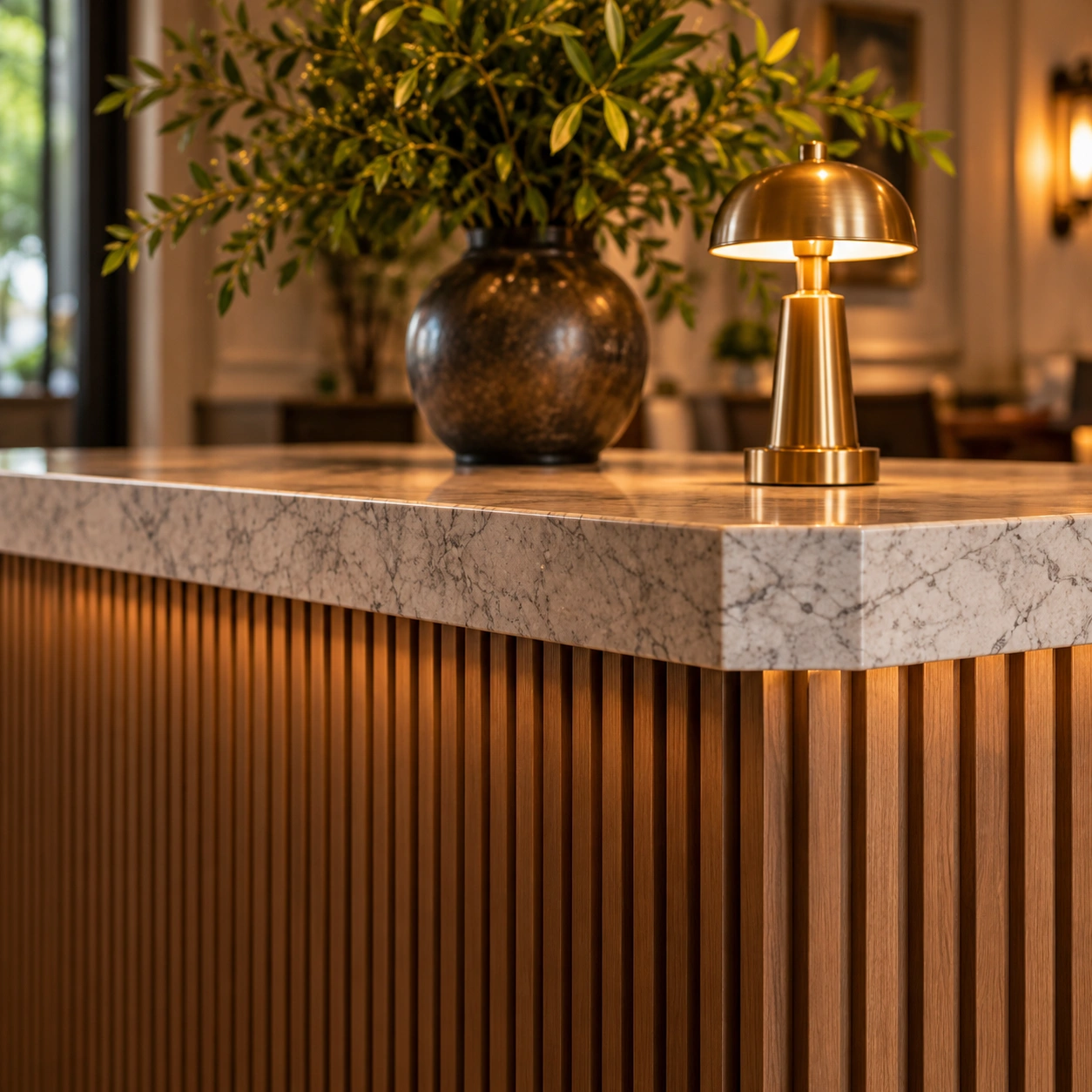 Honed Arabescato marble countertop and fluted walnut joinery detail in Greenwich
