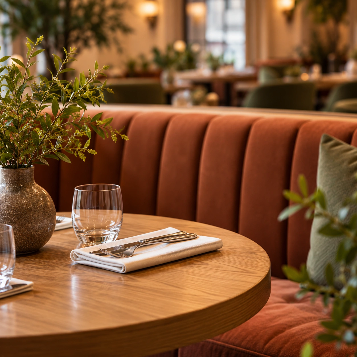 Oak table setting and warm terracotta banquette seating in Greenwich