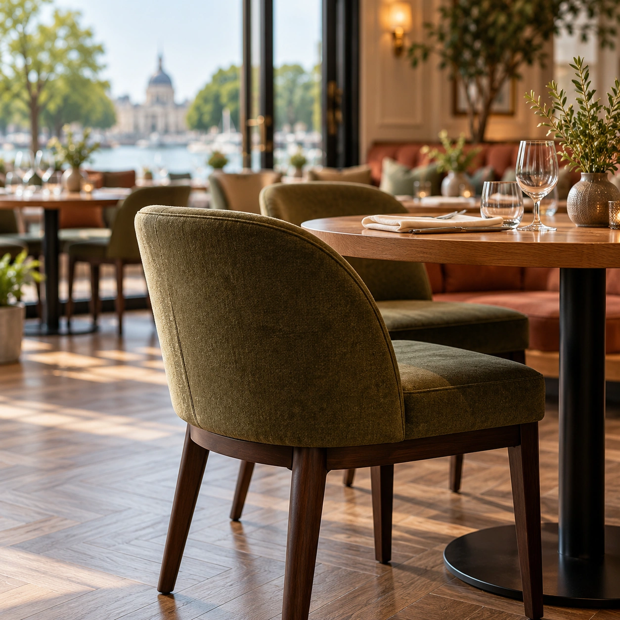 Olive upholstered dining chair and bespoke oak table setting in Greenwich restaurant