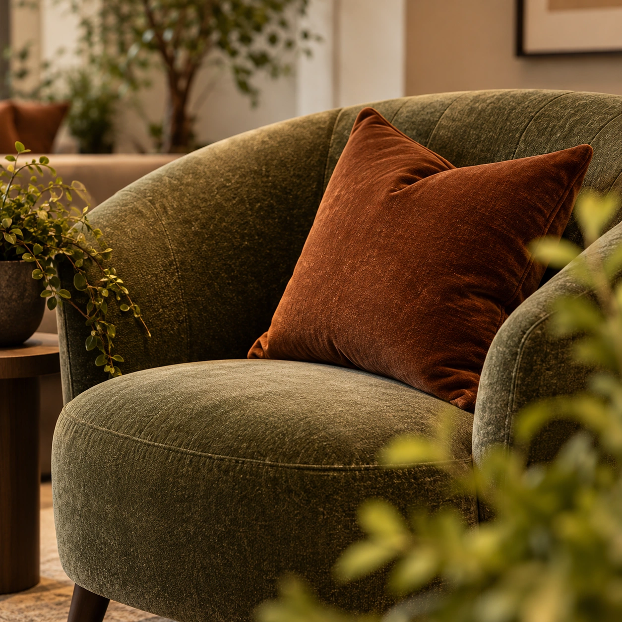 Olive velvet armchair with rust cushion detail in Harrow clinic waiting area