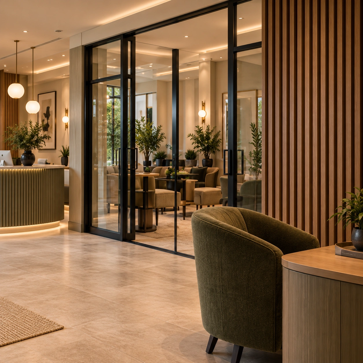 Acoustic glazed partitions between lounge and clinical rooms in Harrow