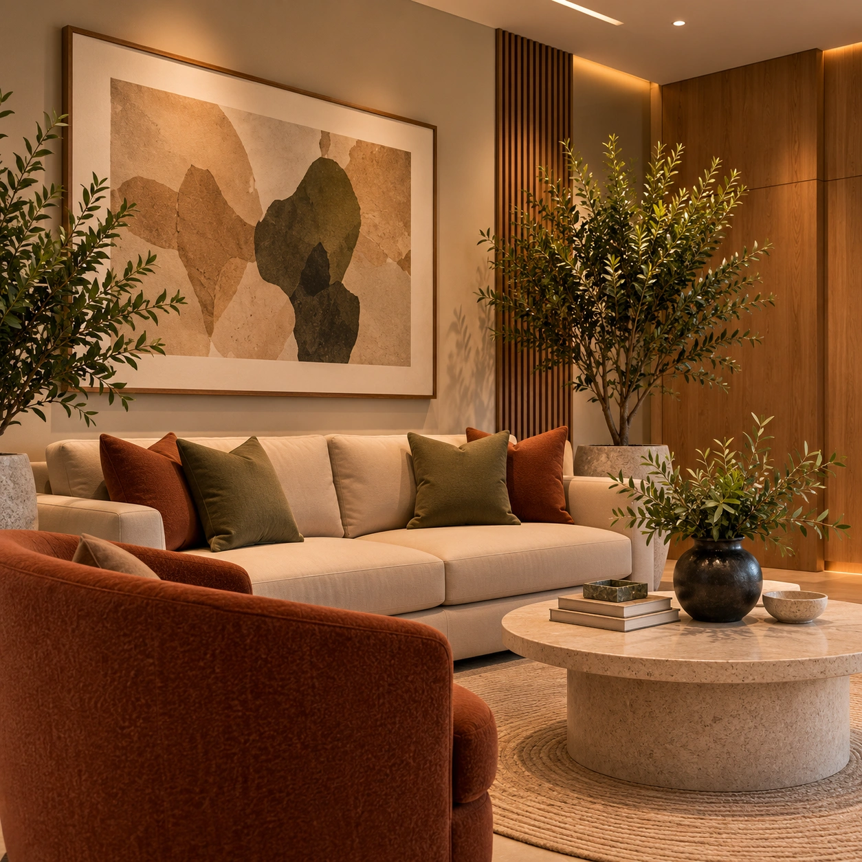 Hospitality-grade client lounge with olive upholstery and bespoke oak joinery in London Bridge
