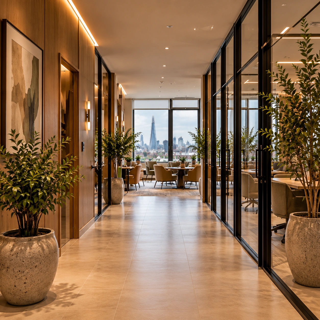 Internal circulation corridor with black-framed reeded glass partitions and warm architectural downlights