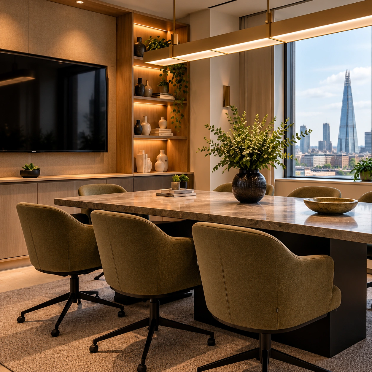 Executive meeting room with acoustic wall panels and integrated conference technology in London Bridge