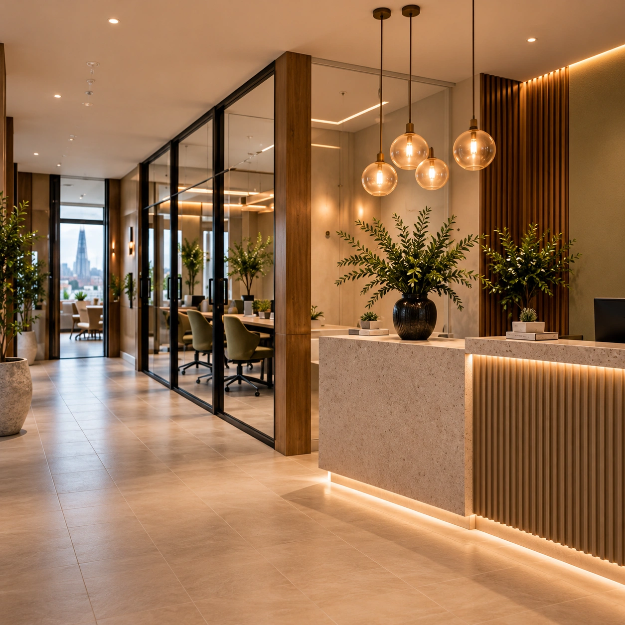 Client reception with bespoke timber desk and natural stone plinth in London Bridge
