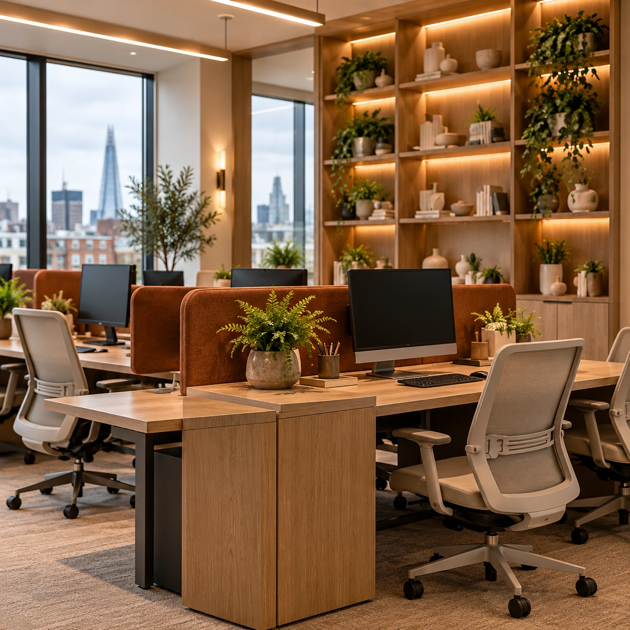 Open-plan workstations with ergonomic seating and warm oak joinery in London Bridge commercial interior