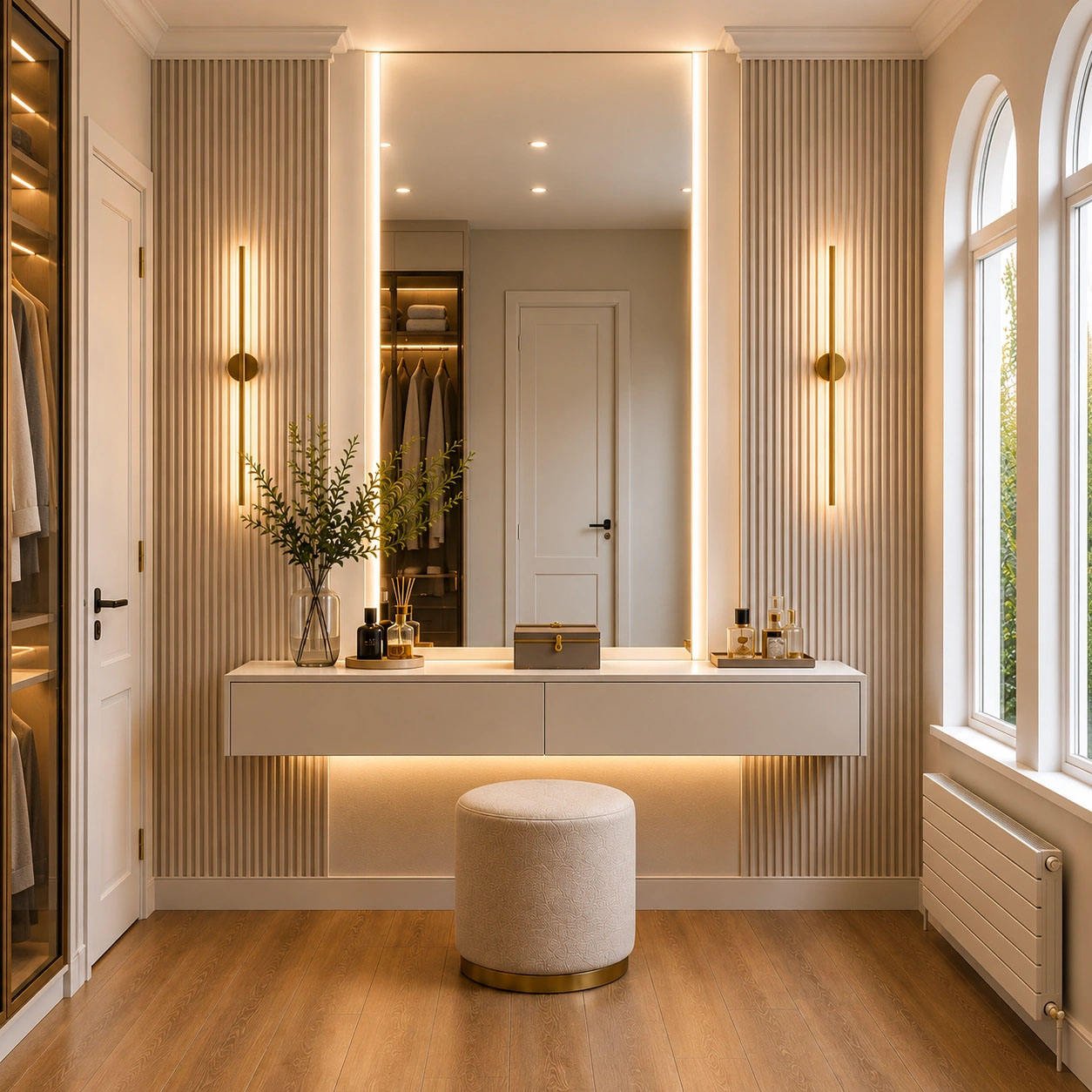 Luxury bespoke dressing room vanity and architectural joinery styling London by Oraanj