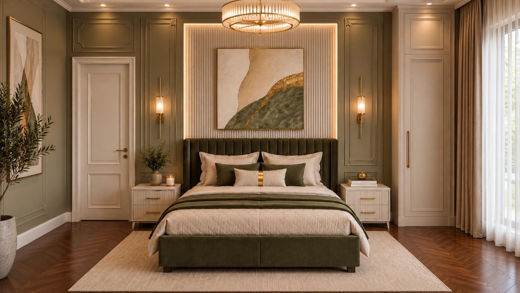 Full-height luxury master bedroom fitted joinery and architectural panelling London by Oraanj