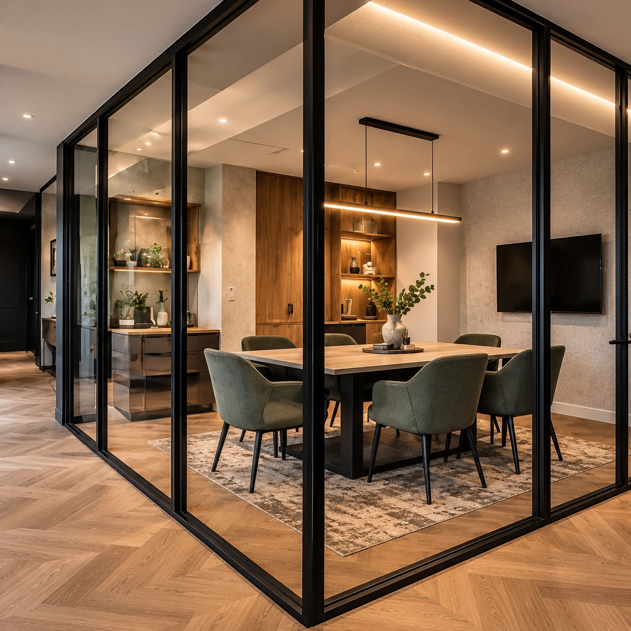 Acoustic glass partitioning and low-glare office lighting design London