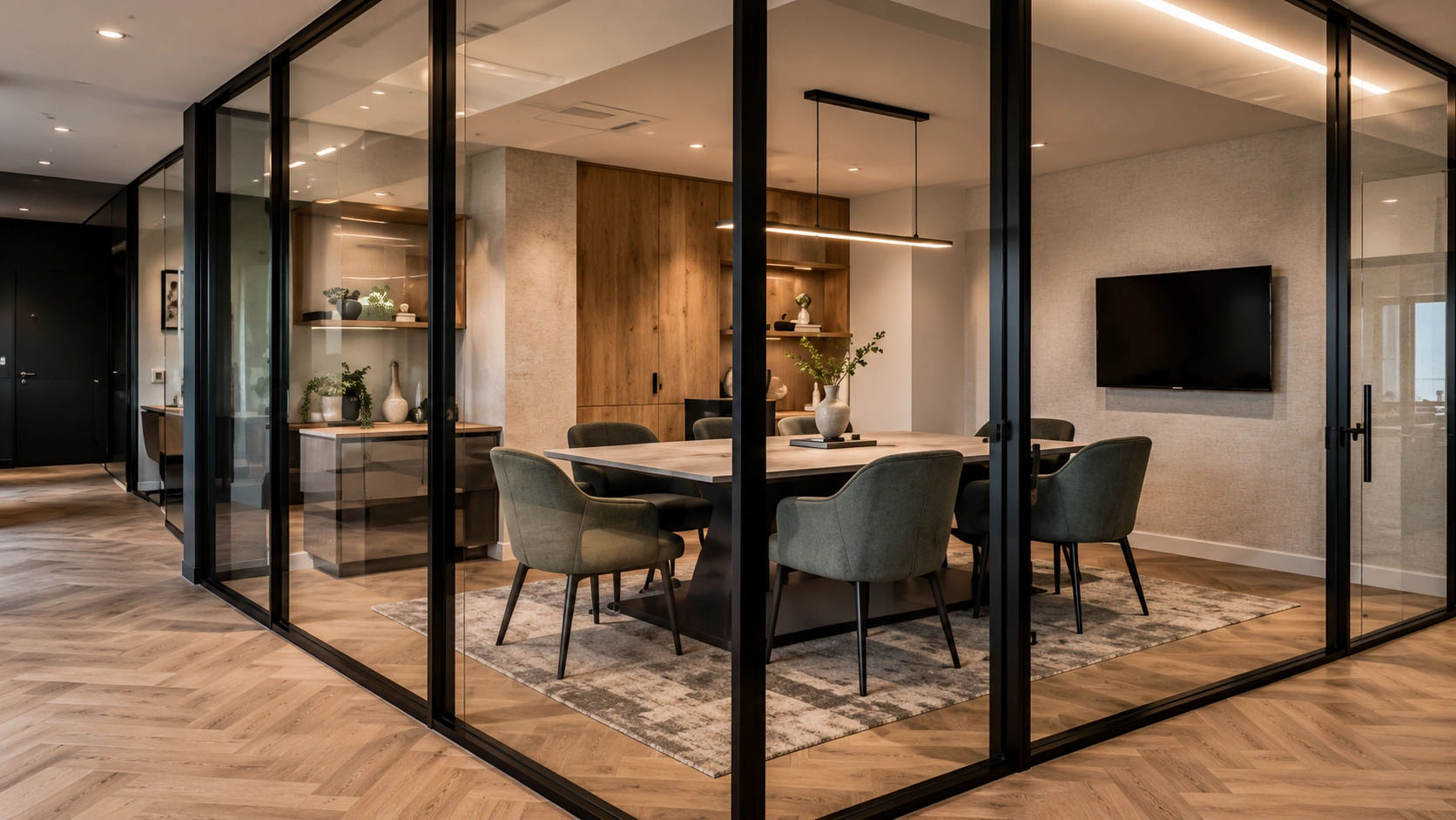 Glass-enclosed modern executive meeting room and boardroom design London