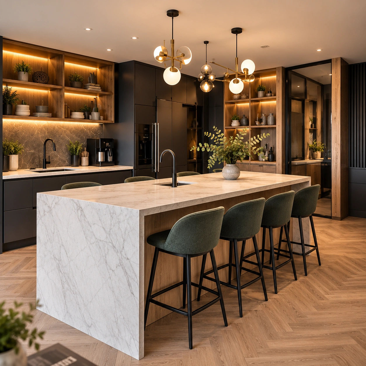 Modern luxury office kitchen island and staff breakout dining space London