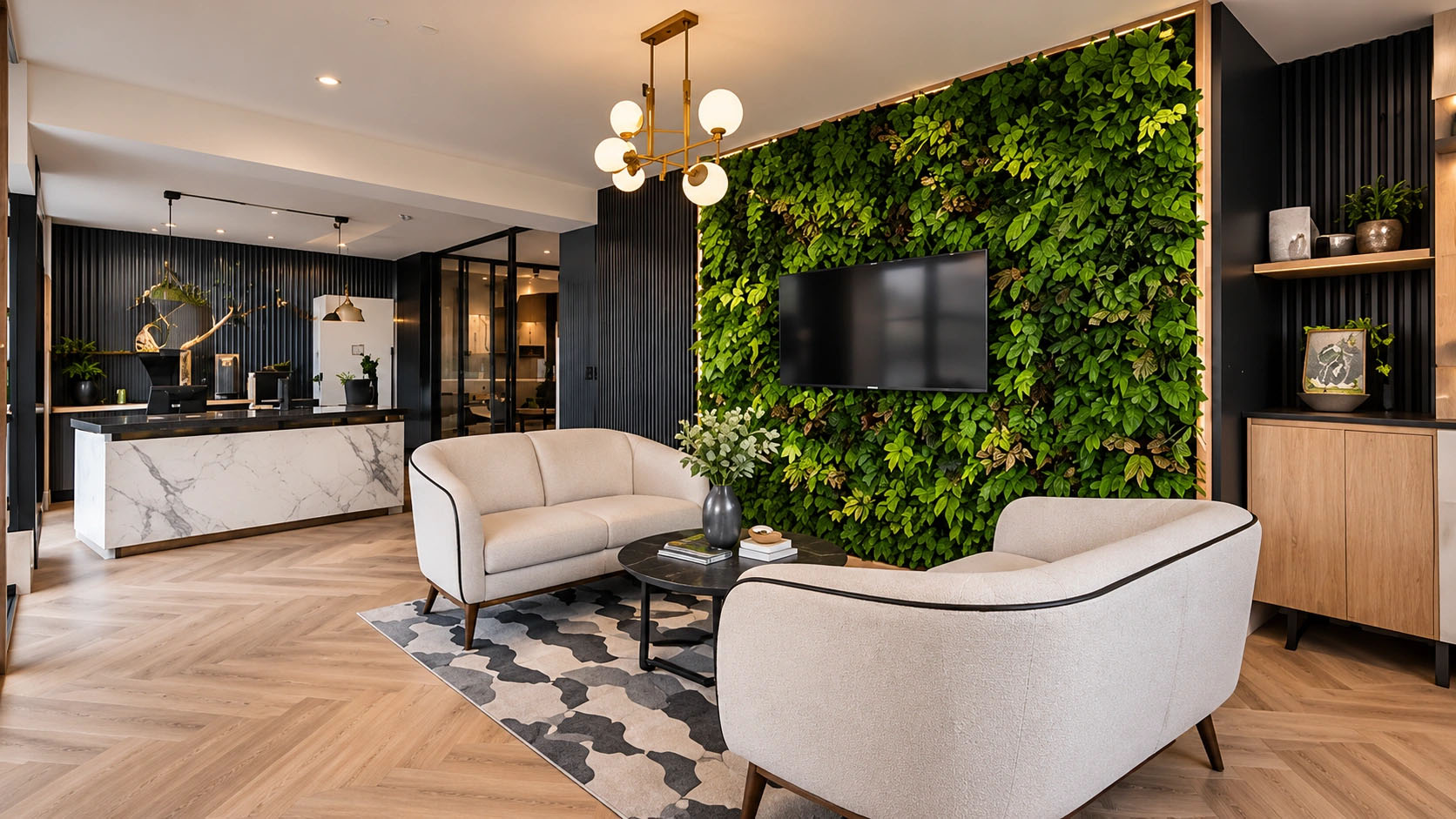 Luxury modern office lobby with living green wall and client arrival reception London