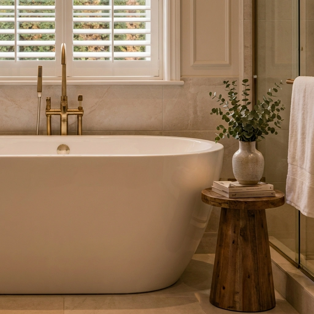 En-suite bathroom close-up showing brushed brass brassware and honed marble tiles