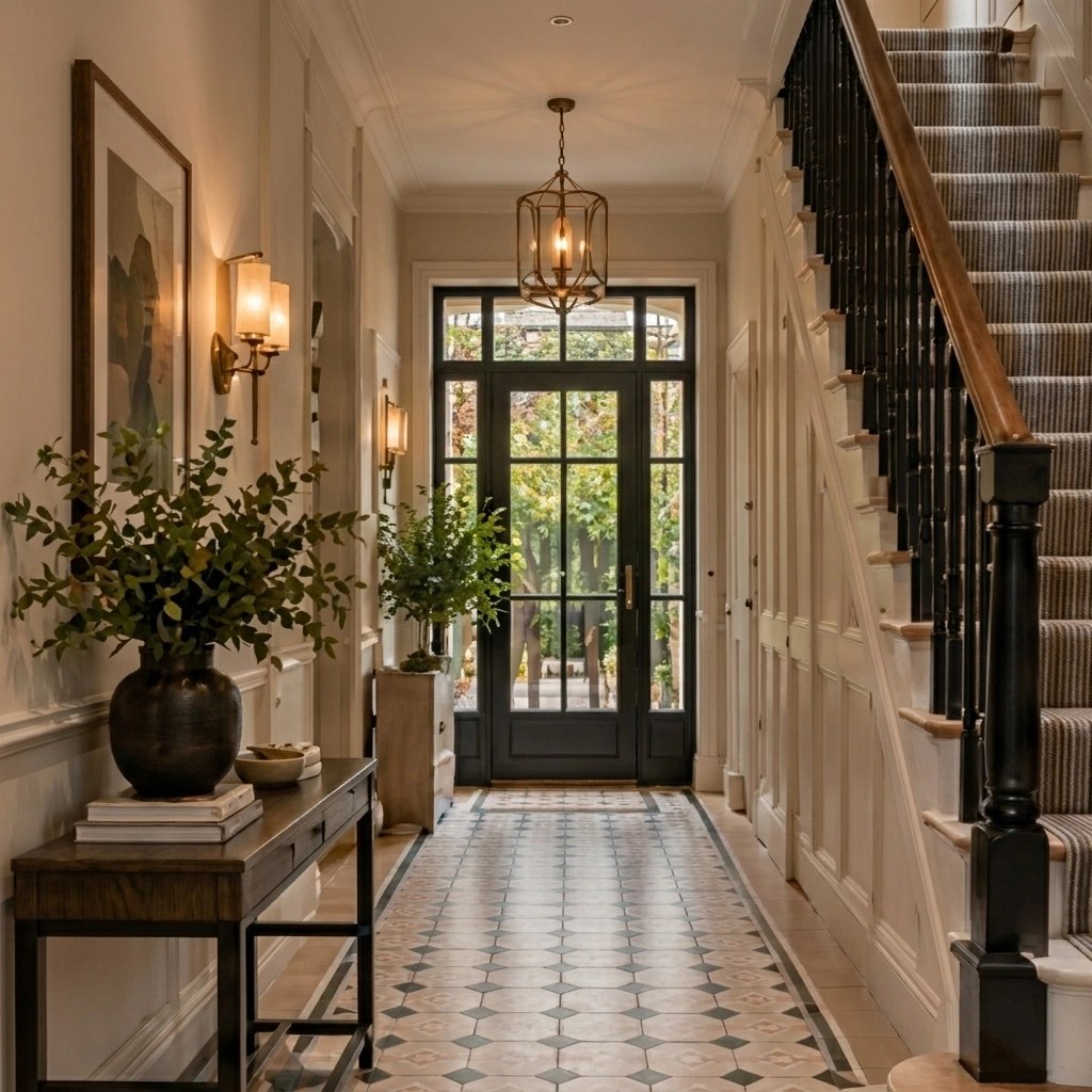 Restored Edwardian hallway with original balustrades and encaustic floor tiles in Muswell Hill
