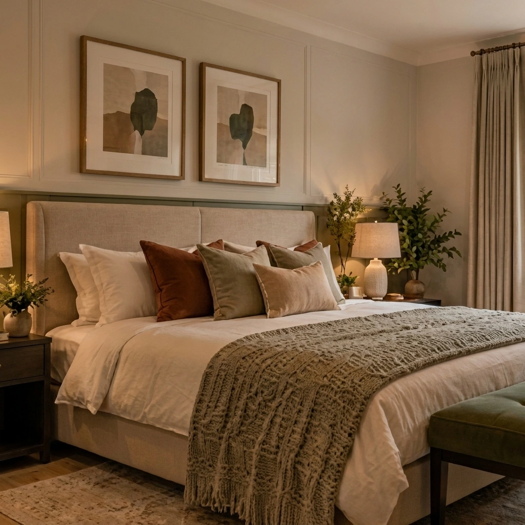 Master bedroom interior with upholstered headboard and soft neutral tones in Muswell Hill